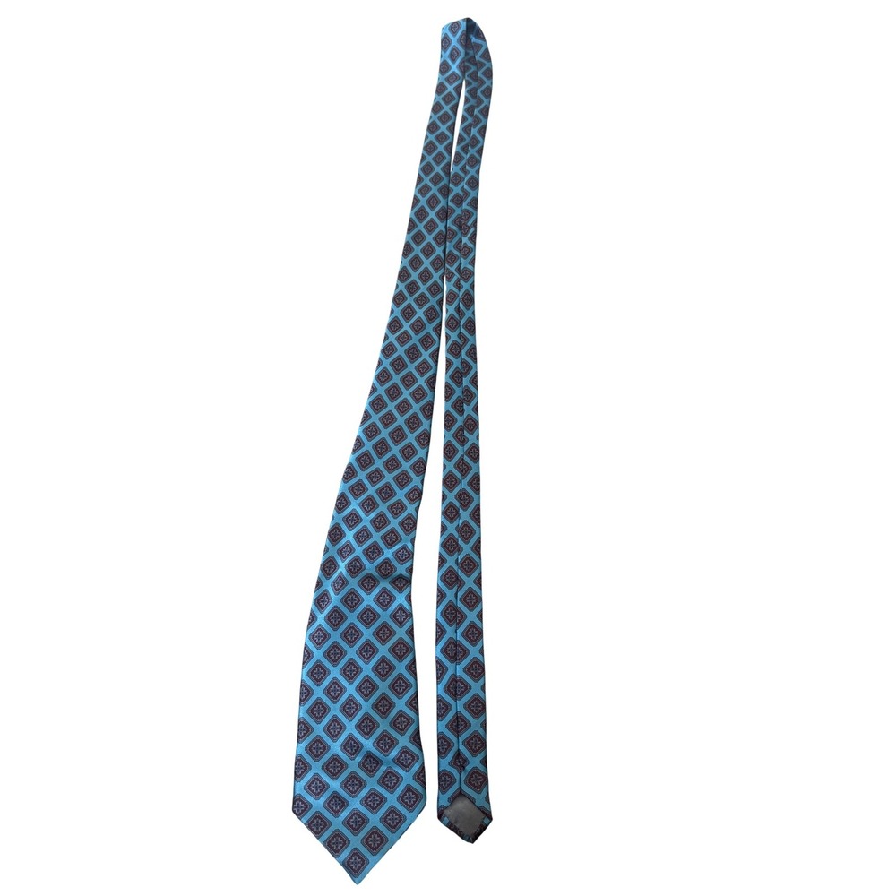 Fratelli Tie Mens One Size Teal Blue 100% Silk Hand Made‎ in Italy Geometric